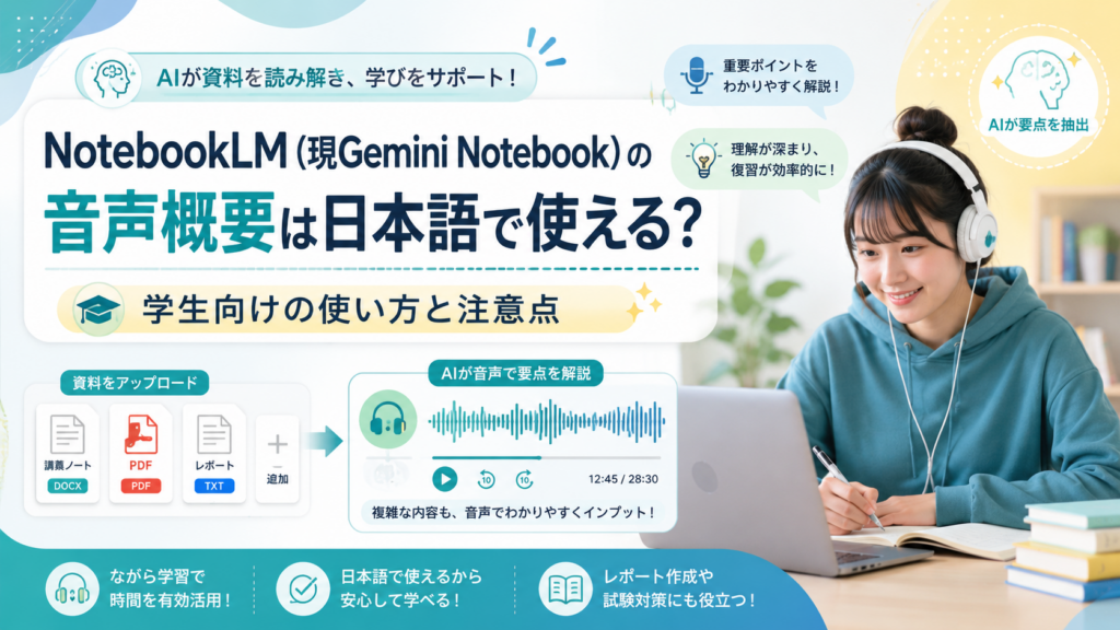 NotebookLM（現Gemini Notebook）の音声概要を日本語で使う方法を紹介。講義資料の追加手順や、予習・復習での活用法、利用時の注意点を分かりやすく解説します。